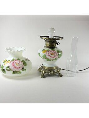 Vintage Hurricane Table Lamp Hand Painted Pink & Yellow Flowers Metal Base Works
